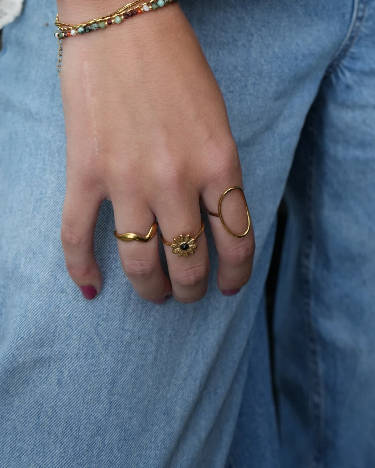 Daisy - Ring - Natural Stone - Stainless Steel - Adjustable