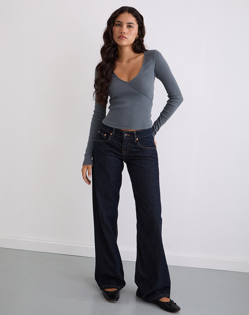 Dulcet Ribbed Plunge Long Sleeve Top in Blue Granite