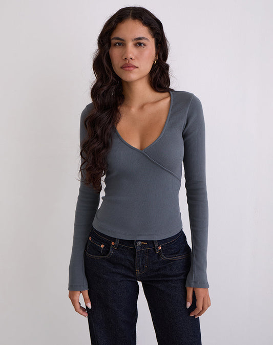 Dulcet Ribbed Plunge Long Sleeve Top in Blue Granite