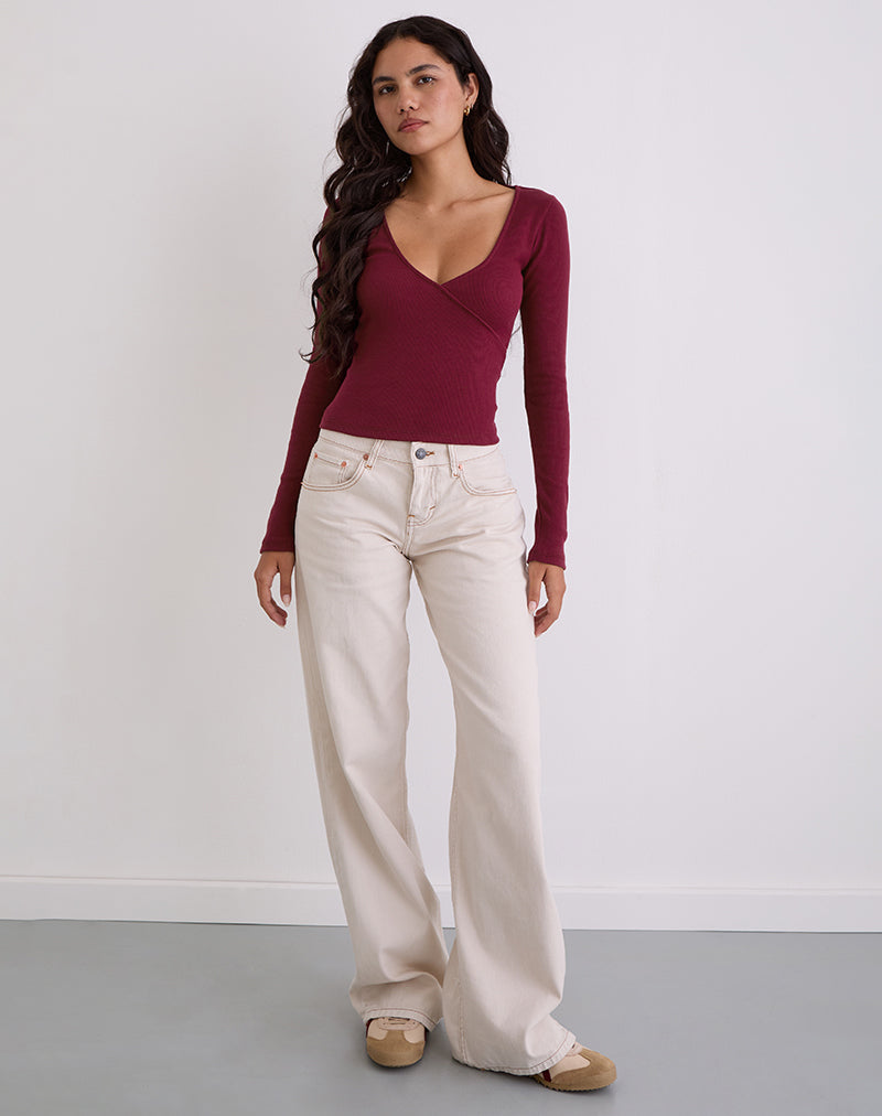 Dulcet Ribbed Plunge Long Sleeve Top in Burgundy