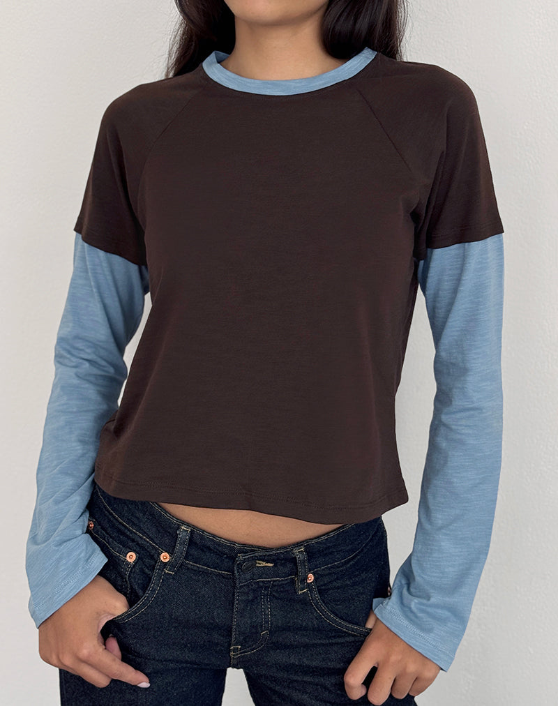 Enid Layered T-Shirt in Chocolate Brown and Light Blue