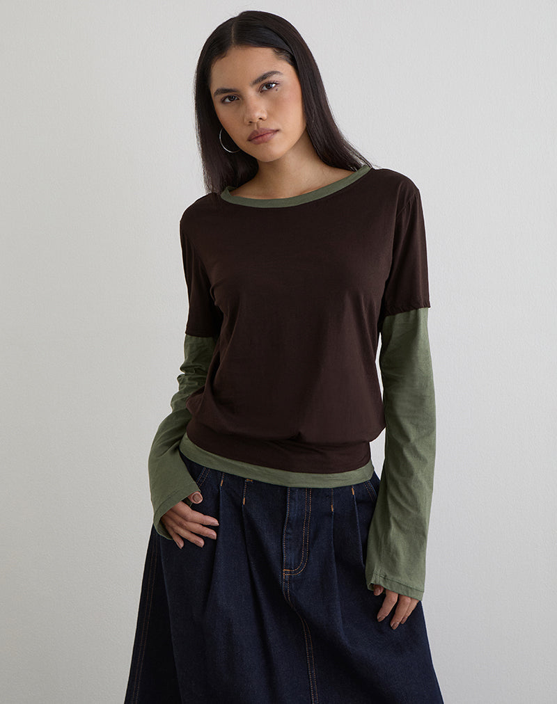 Enidy Long Sleeve Top in Jersey Chocolate and Khaki Combo