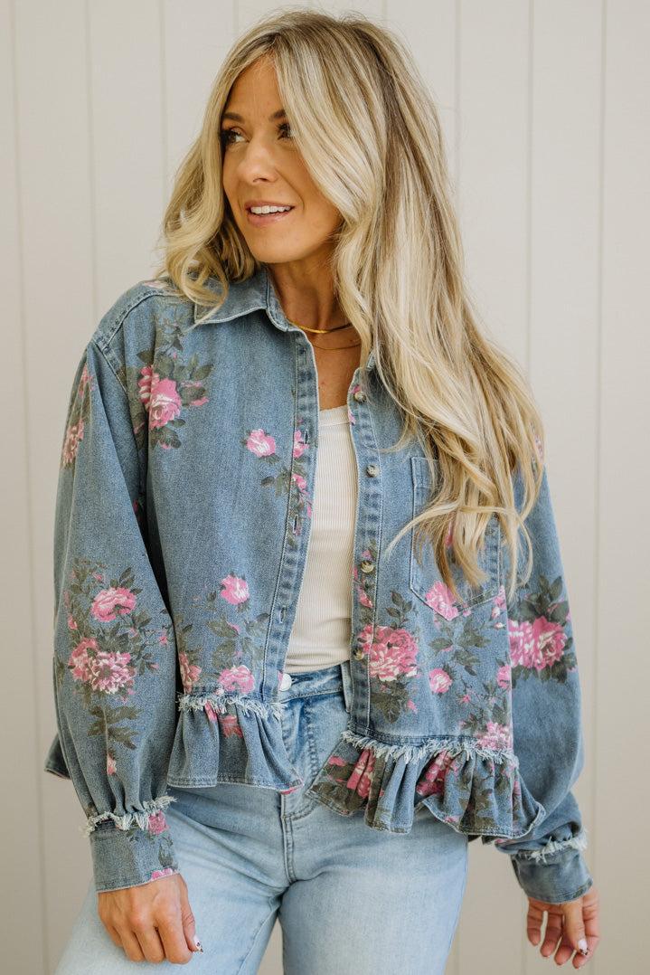 Floral Print Ruffled Denim Jacket