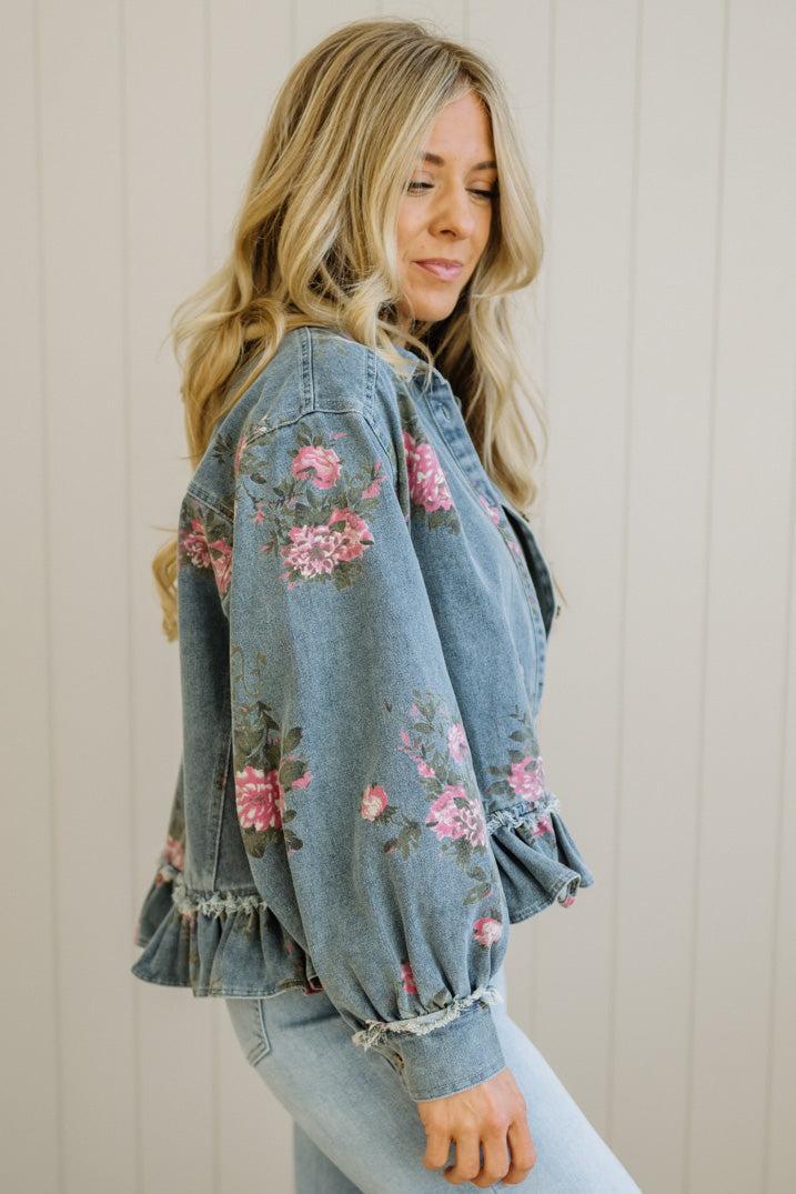 Floral Print Ruffled Denim Jacket