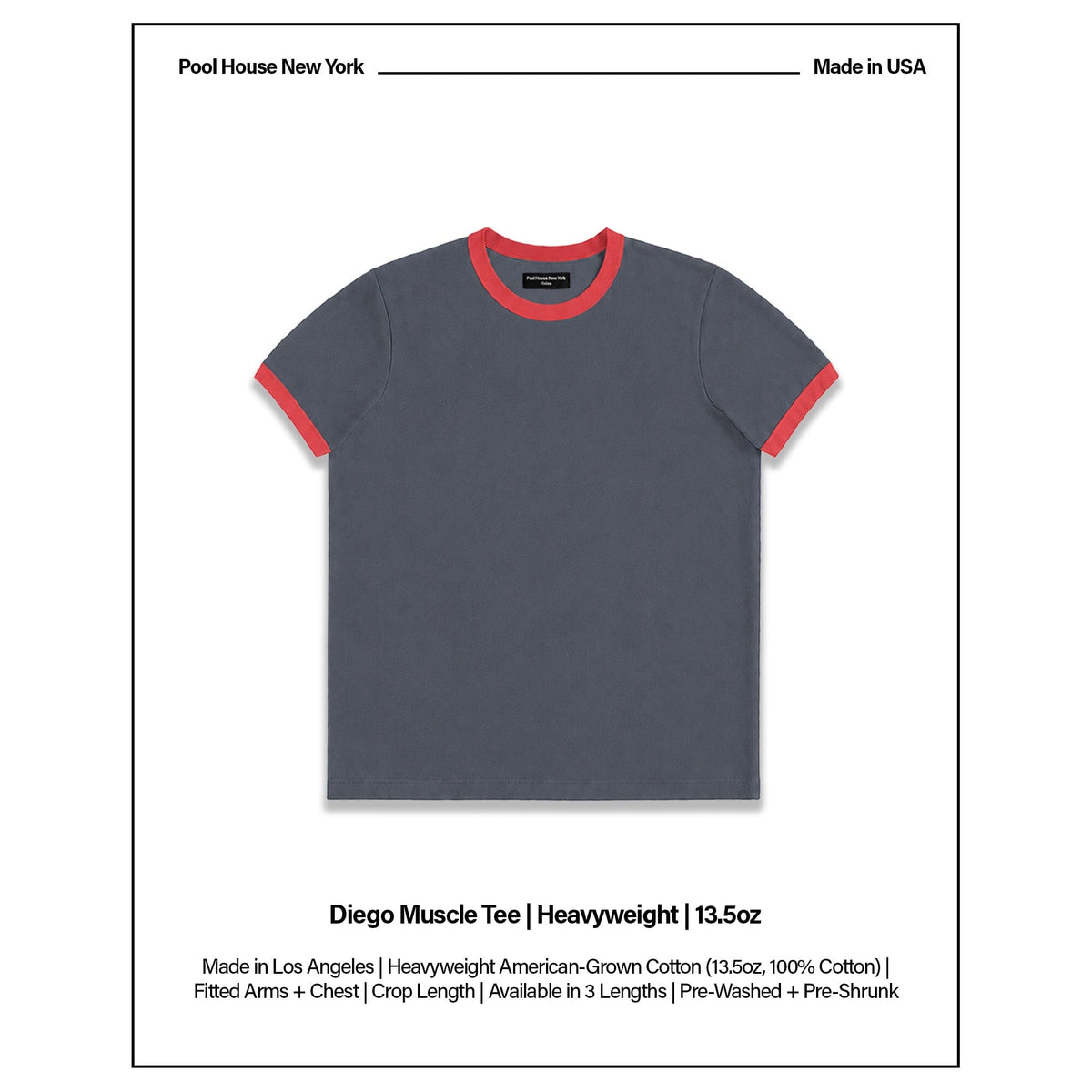 Diego Muscle Tee | Heavyweight | 13.5oz | Ringer - Vintage Grey | Red