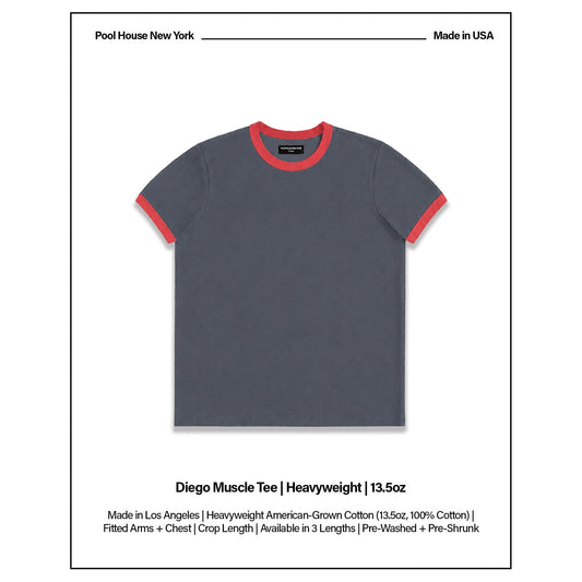 Diego Muscle Tee | Heavyweight | 13.5oz | Ringer - Vintage Grey | Red