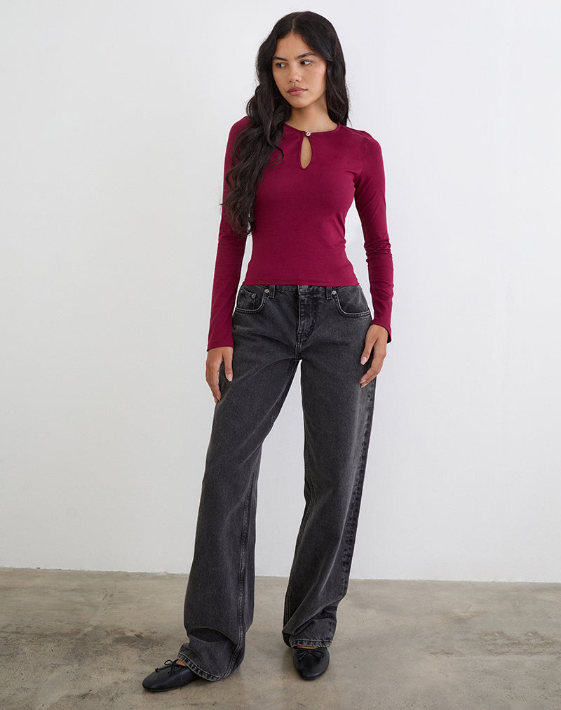 Jenji Long Sleeve Top with Pearl Button in Burgundy
