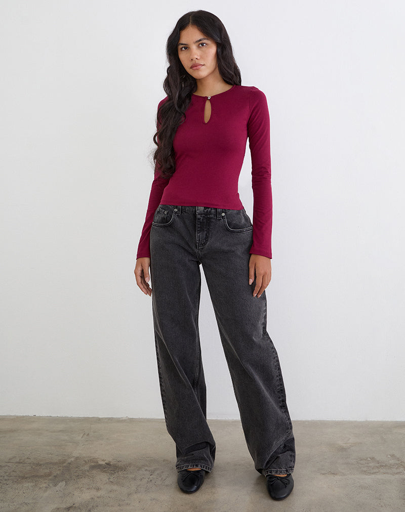 Jenji Long Sleeve Top with Pearl Button in Burgundy