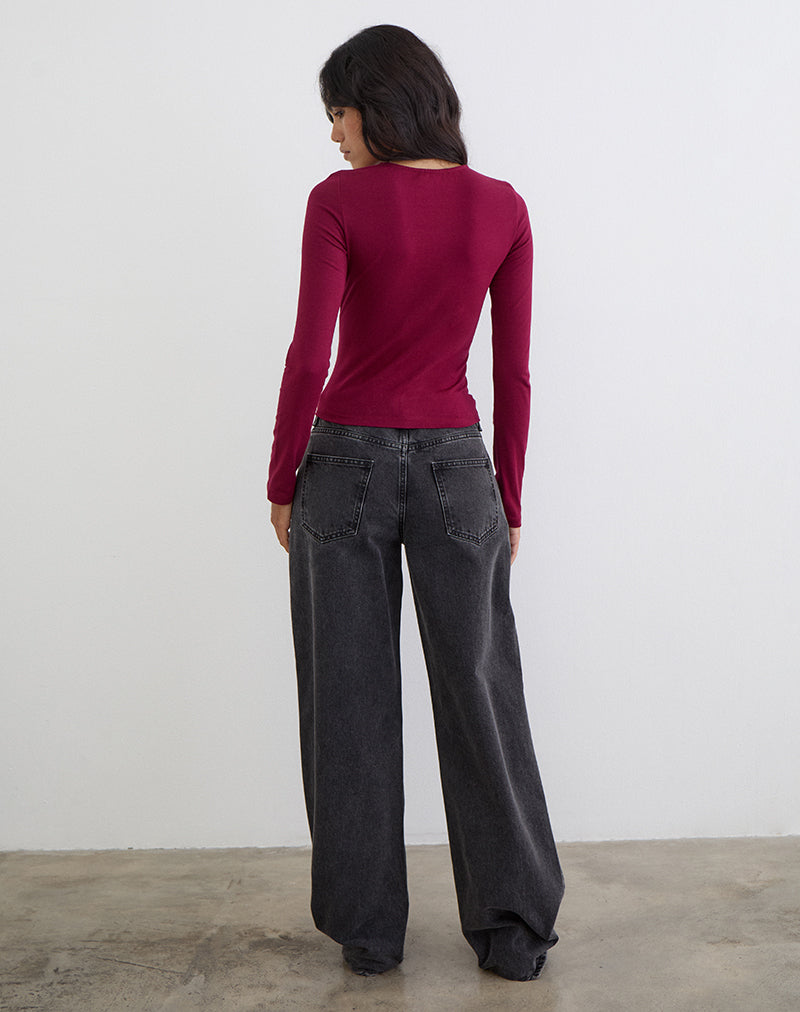 Jenji Long Sleeve Top with Pearl Button in Burgundy