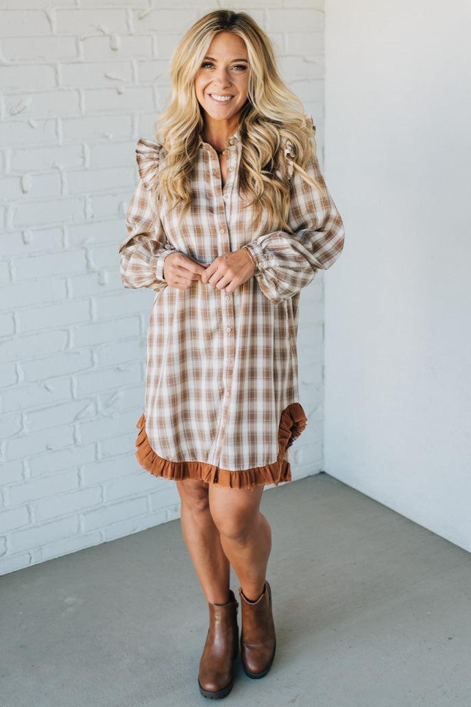 Jonnie Plaid Ruffled Accent Shirt Dress | Peanut