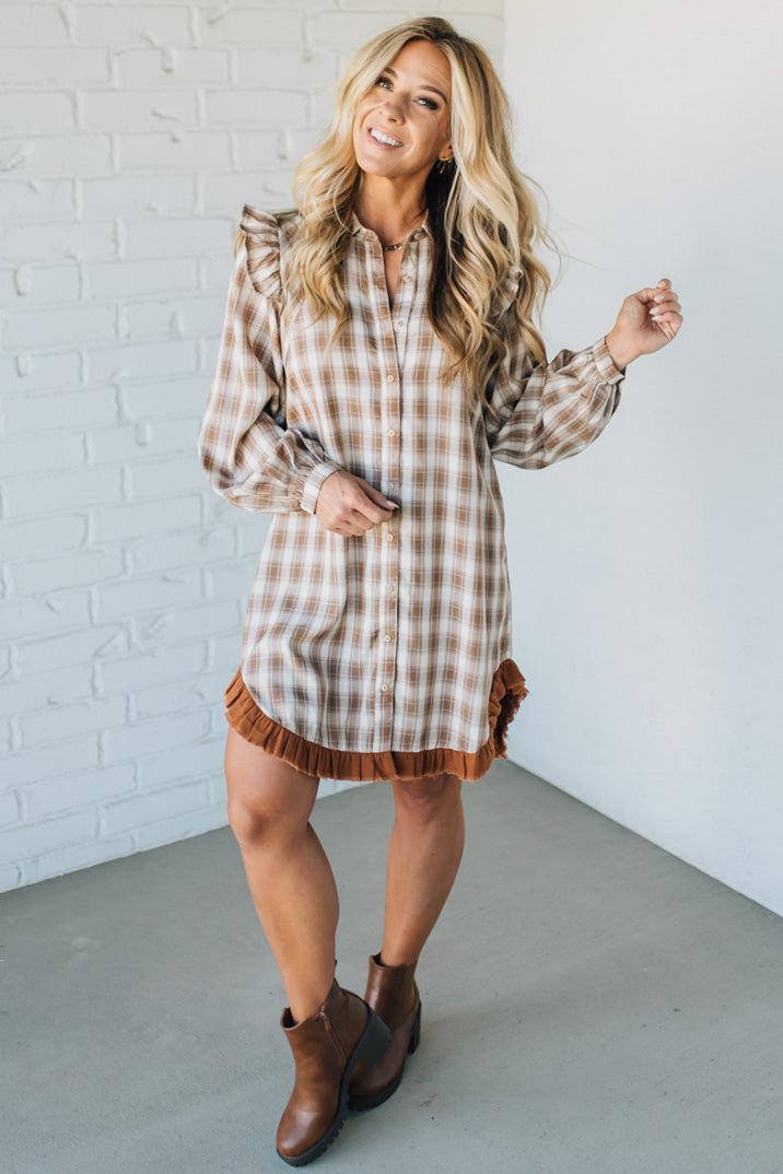Jonnie Plaid Ruffled Accent Shirt Dress | Peanut