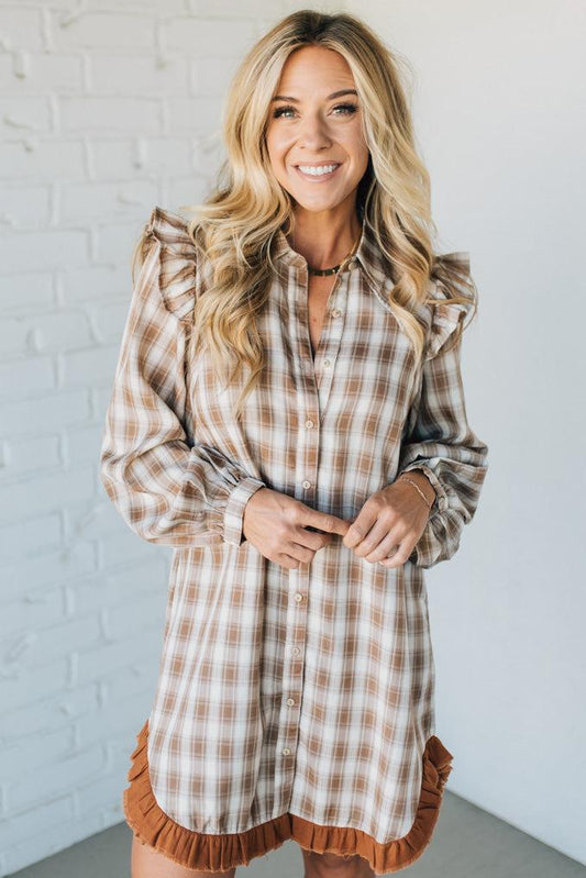 Jonnie Plaid Ruffled Accent Shirt Dress | Peanut