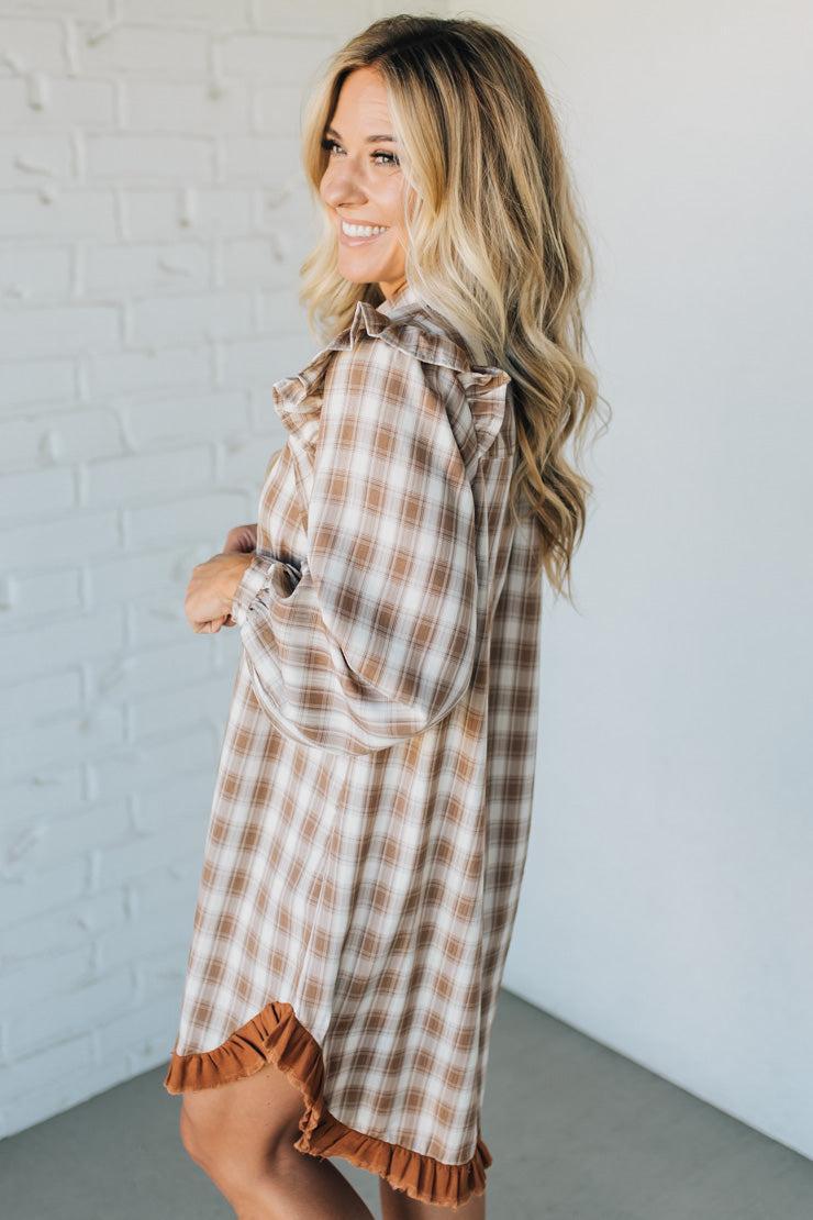 Jonnie Plaid Ruffled Accent Shirt Dress | Peanut