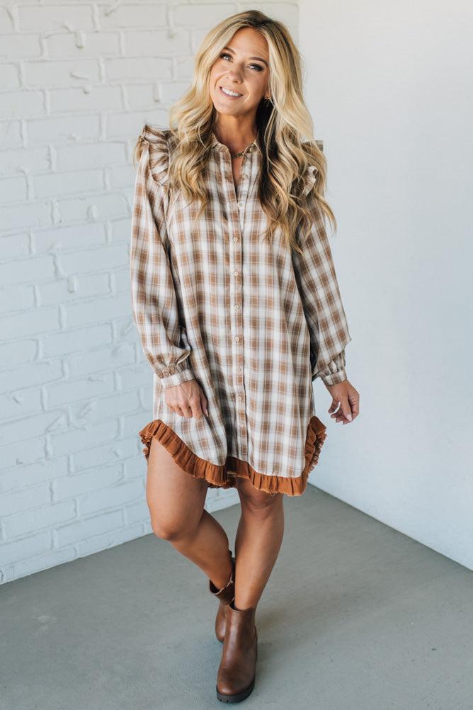 Jonnie Plaid Ruffled Accent Shirt Dress | Peanut