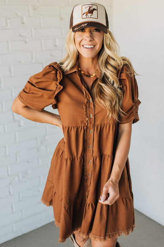 Linen Blend Tiered Shirt Dress