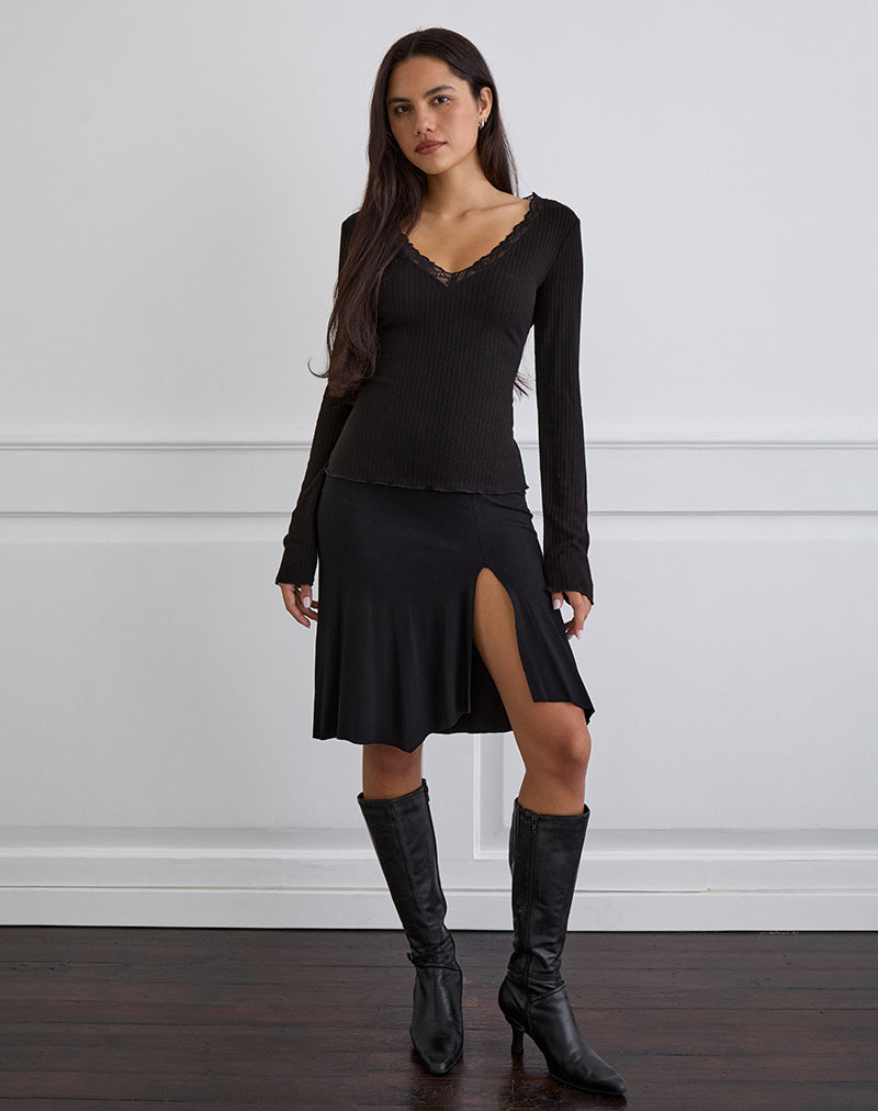 Maivi Long Sleeve Top in Black with Lace Trim