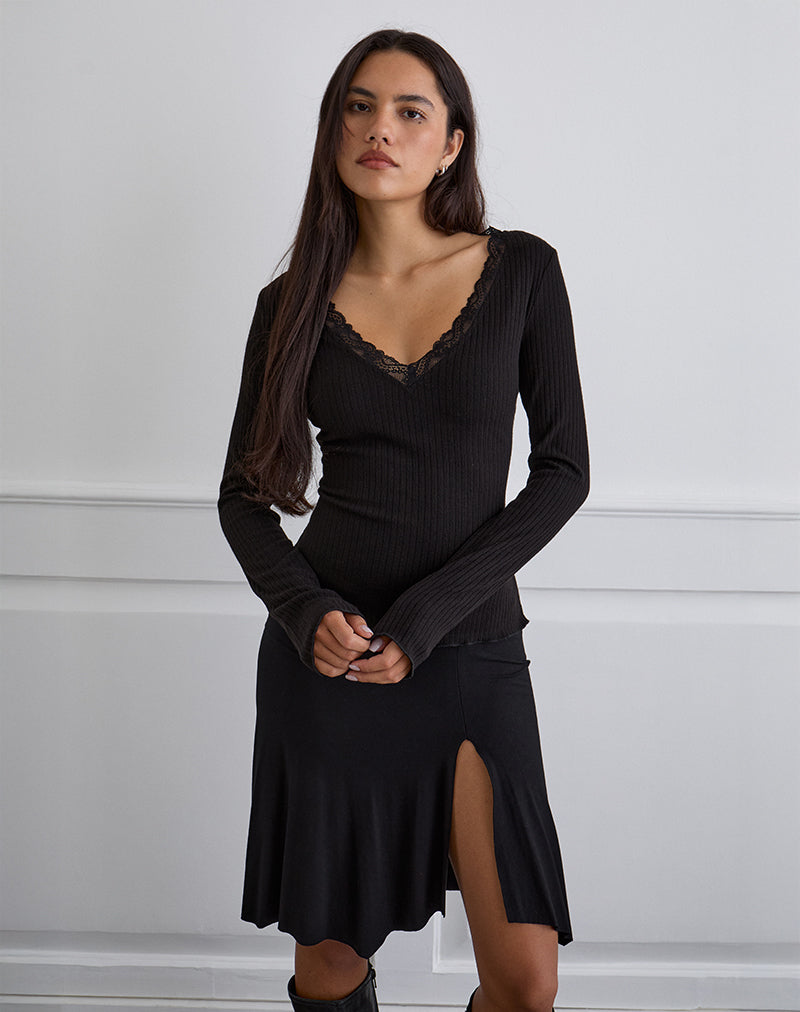 Maivi Long Sleeve Top in Black with Lace Trim