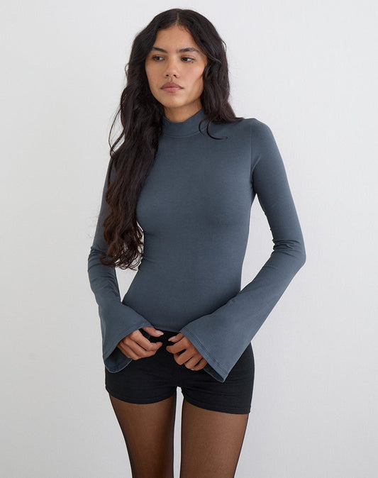 Nell High Neck Long Sleeve Top in Jersey Ocean Storm