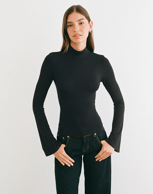 Nell High Neck Long Sleeve Top in Rayon Jersey Black