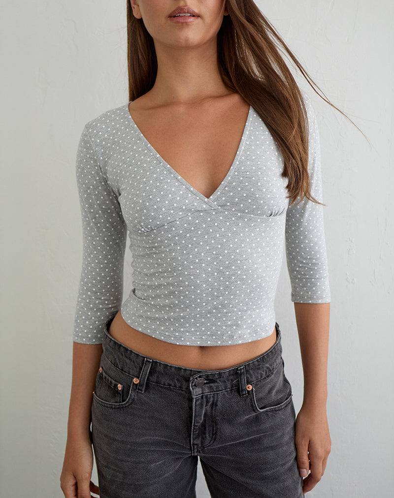 Netacy Quarter Sleeve Top in Grey Marl with White Micro Polka Dots