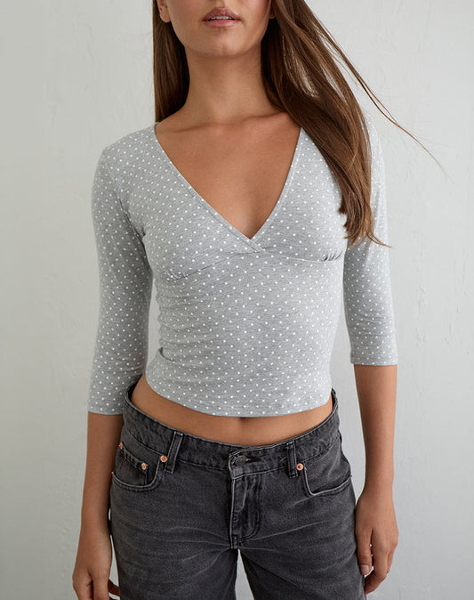 Netacy Quarter Sleeve Top in Grey Marl with White Micro Polka Dots