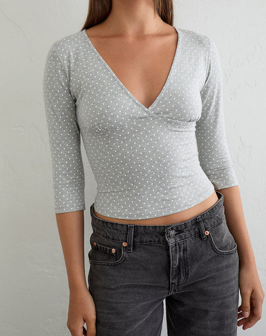 Netacy Quarter Sleeve Top in Grey Marl with White Micro Polka Dots