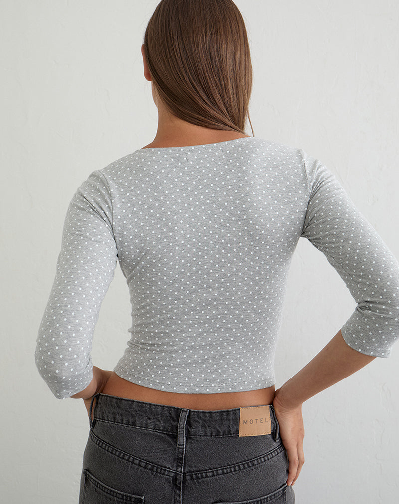 Netacy Quarter Sleeve Top in Grey Marl with White Micro Polka Dots