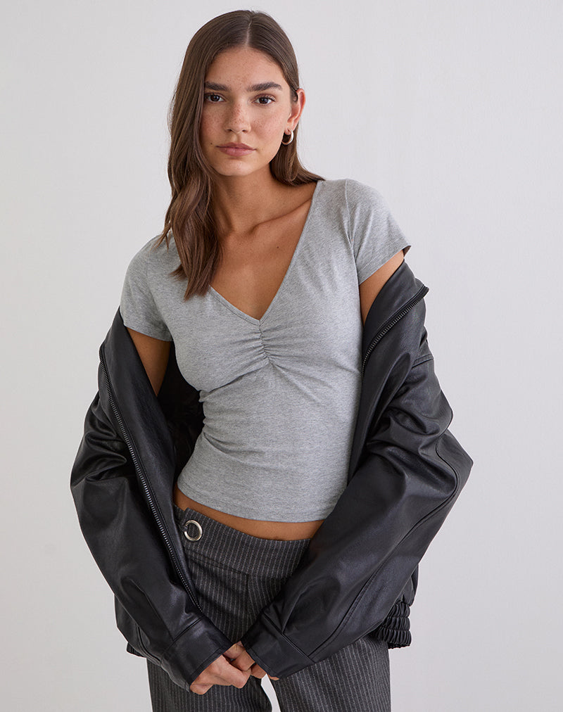 Obanai Short Sleeve V Neck Top in Grey Marl
