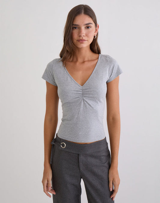 Obanai Short Sleeve V Neck Top in Grey Marl