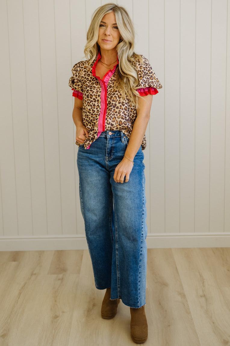 Portia Leopard Contrast Trim Short Sleeve Top