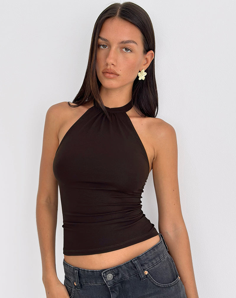 Raceline Halterneck Top in Rayon Jersey Chocolate Brown