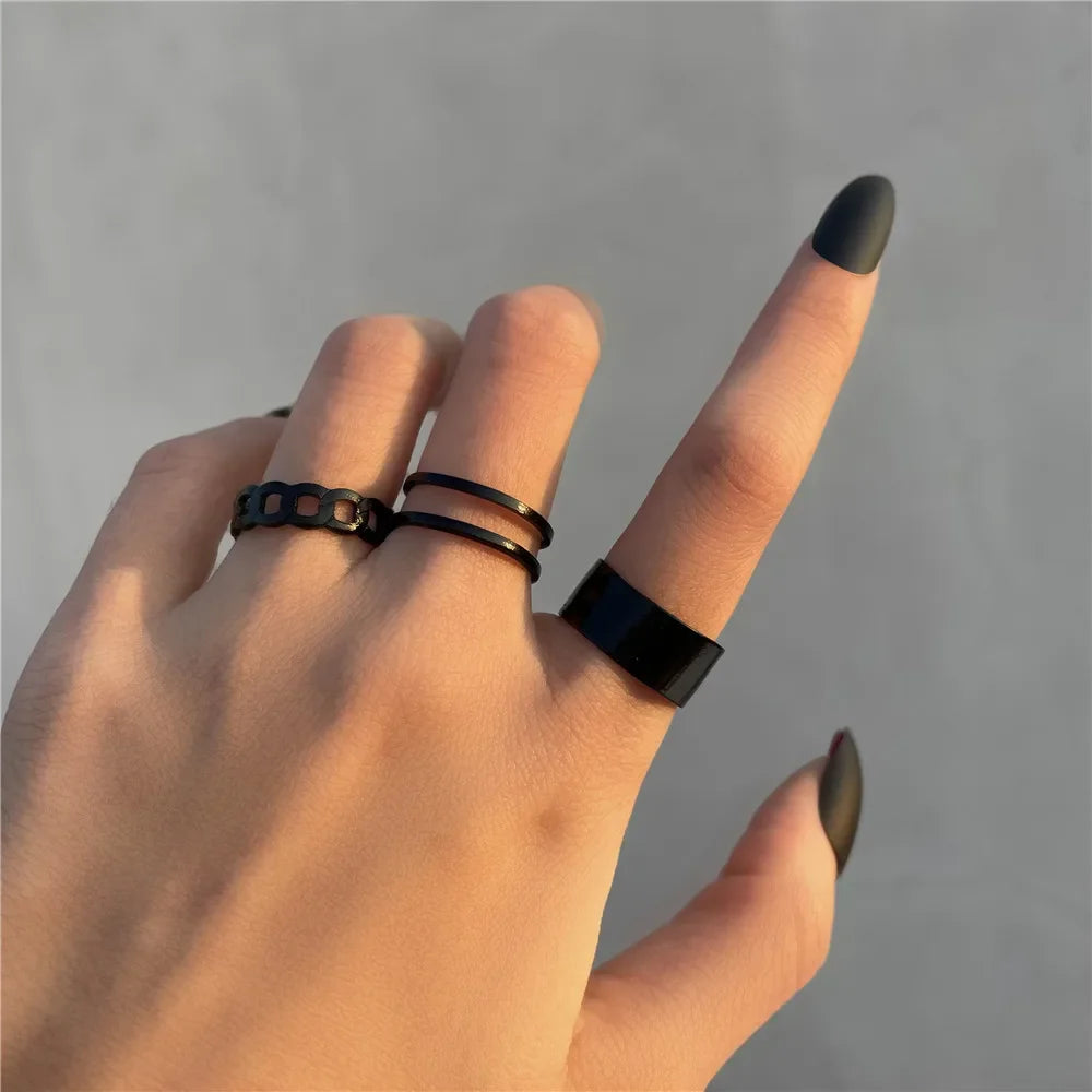 Fashion Women Gothic Punk Black Joint Rings Set