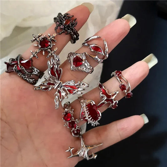 Goth Punk Red Crystal Heart Cross Ring
