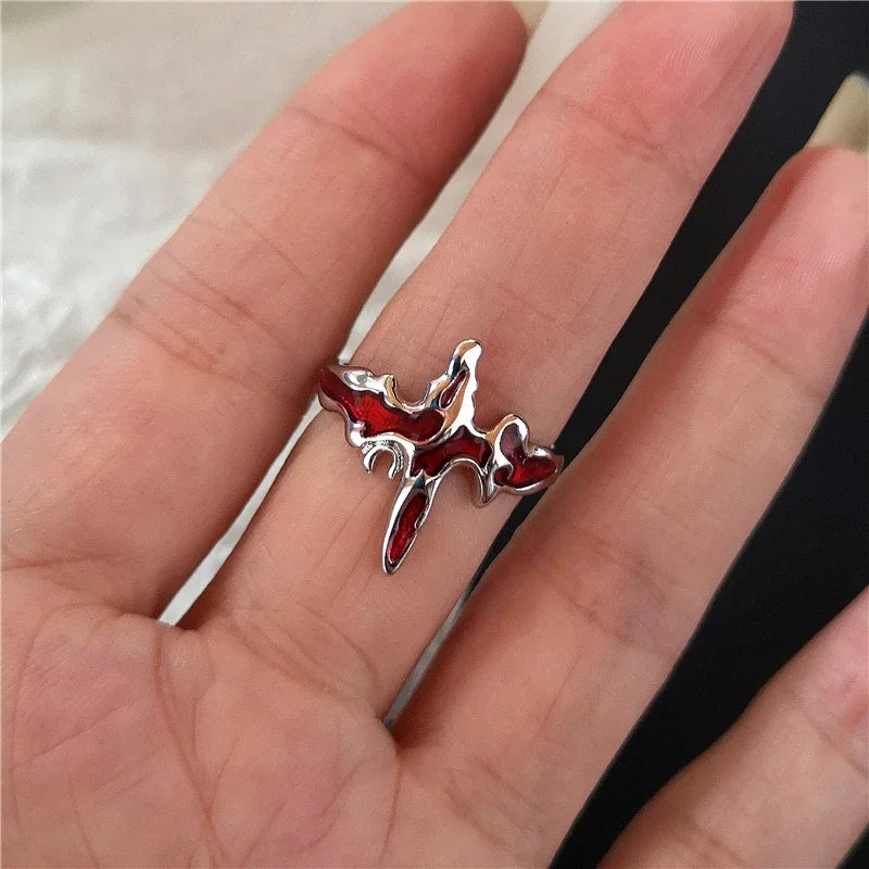 Goth Punk Red Crystal Heart Cross Ring