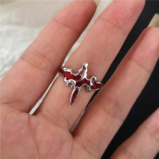 Goth Punk Red Crystal Heart Cross Ring