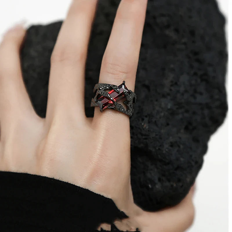 Punk Thorns Vine Red Rhinestones Gothic Ring