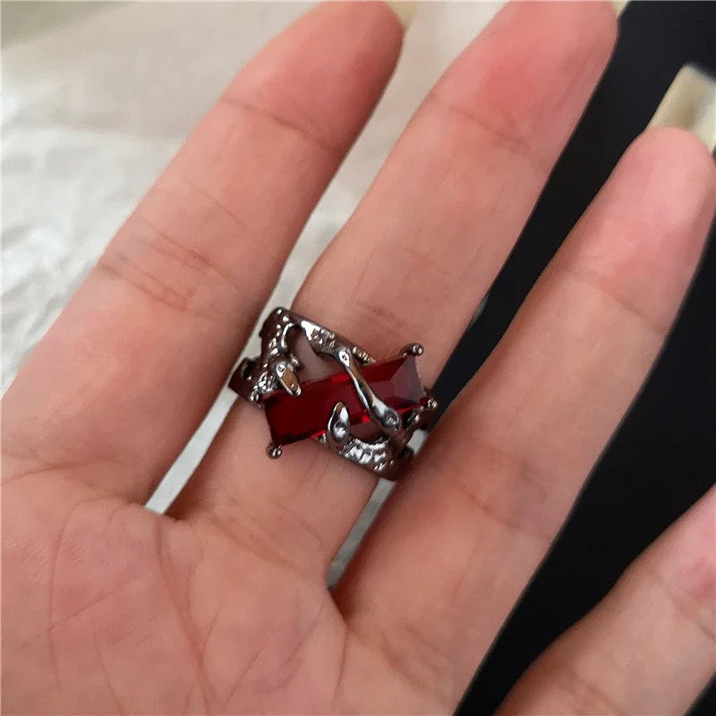 Goth Punk Red Crystal Heart Cross Ring