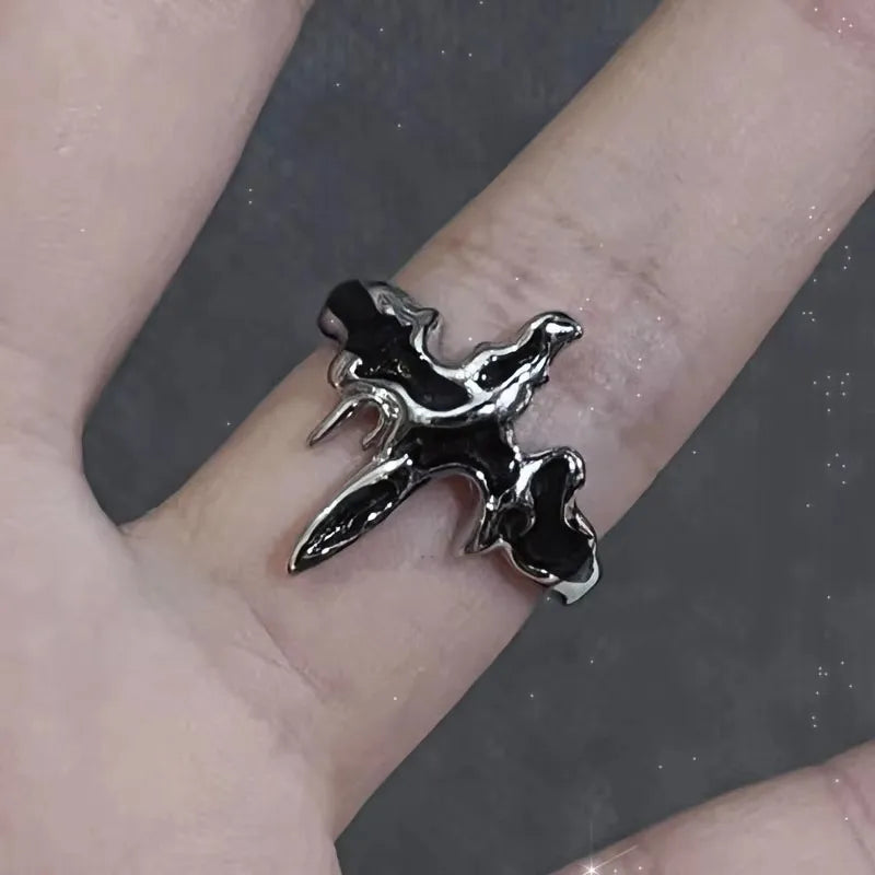 Gothic Black Cross Star Ring