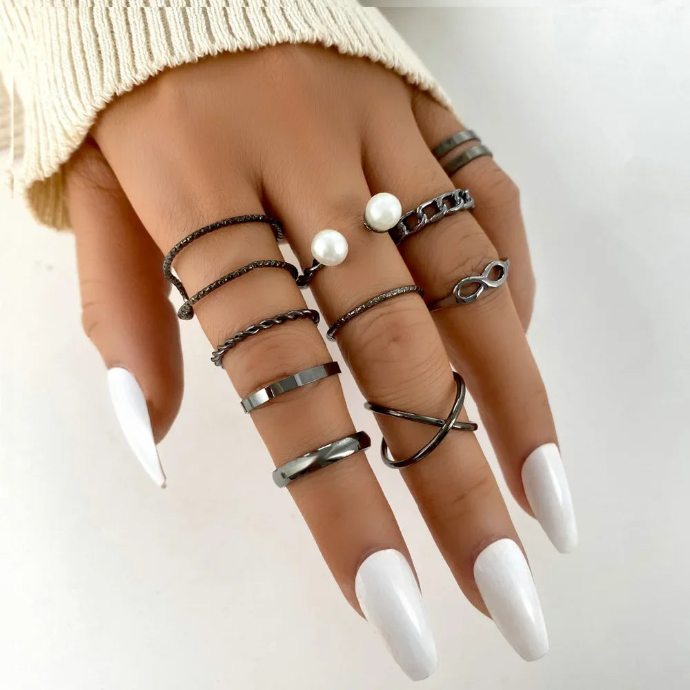 Fashion Women Gothic Punk Black Joint Rings Set