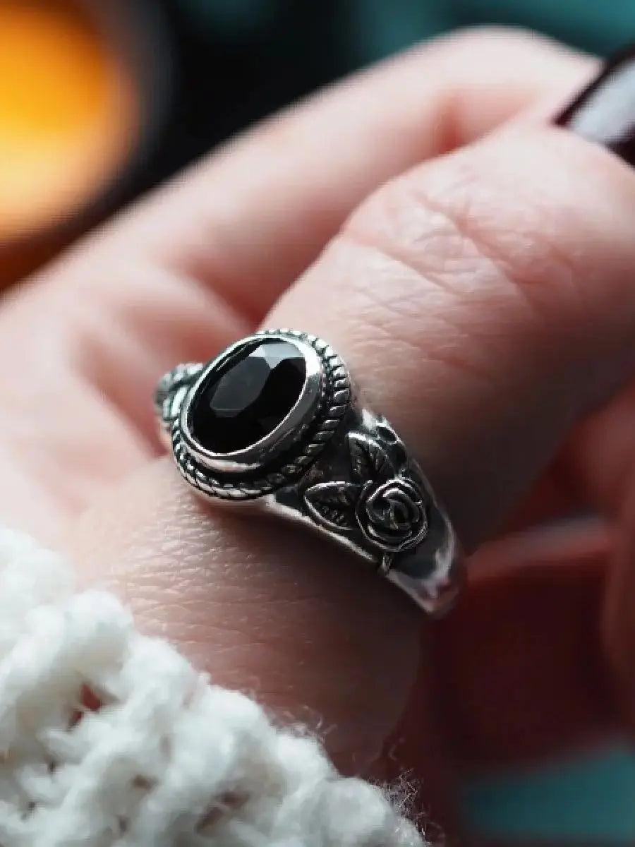 Vintage Rose Gothic Black Gemstone Ring