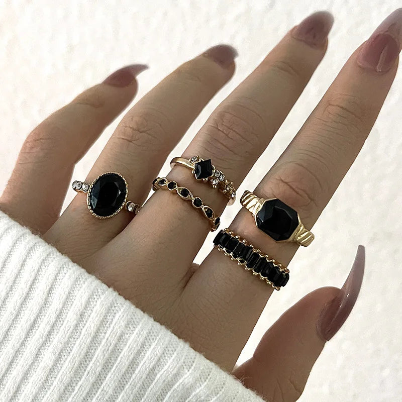 Vintage Black Crystal Geometric Gothic Ring