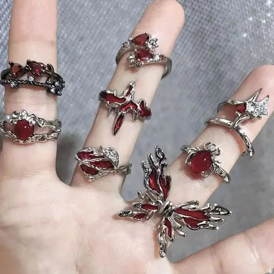 Red Crystal Glass Gothic Spider Ring