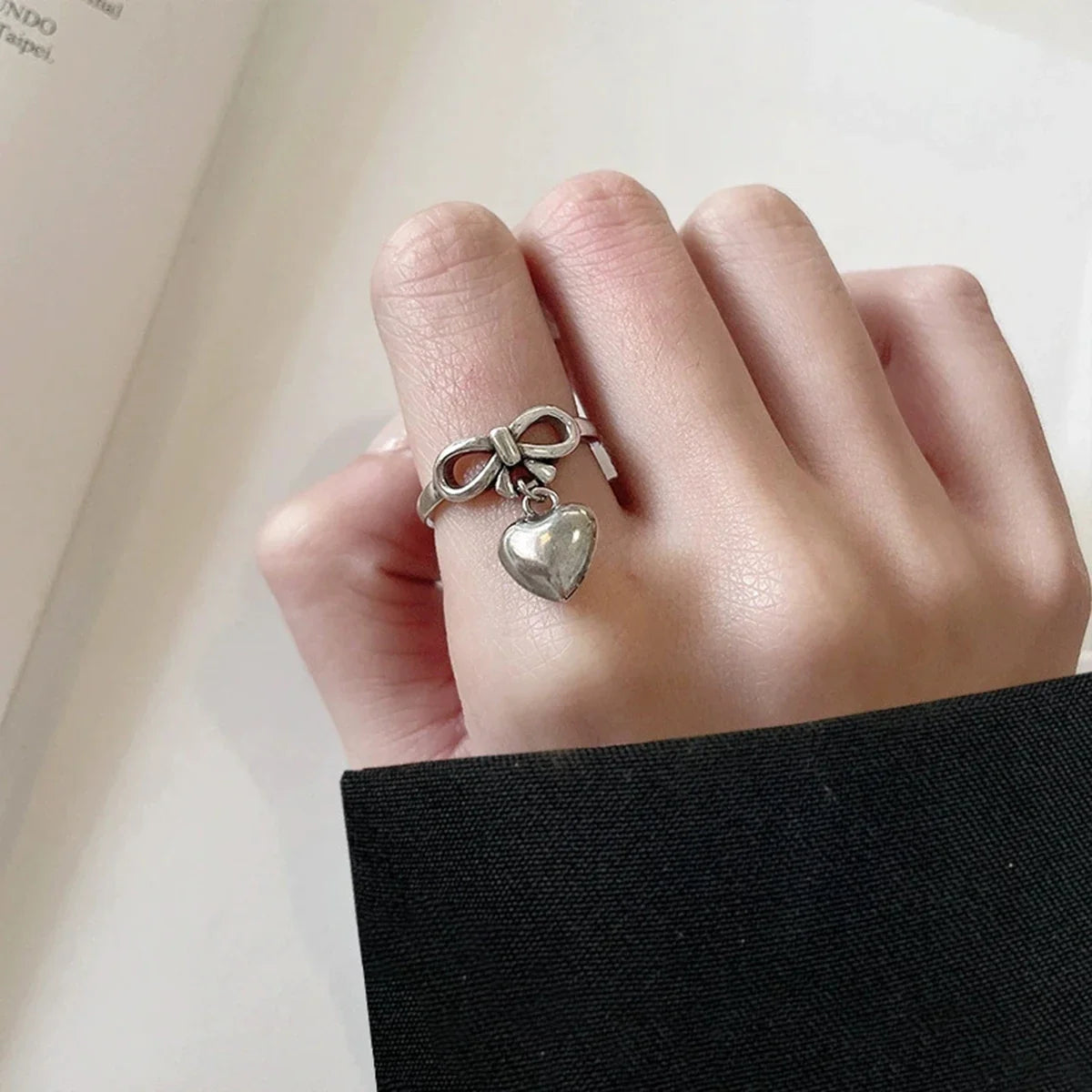 Bow Heart Pendant Gothic Ring