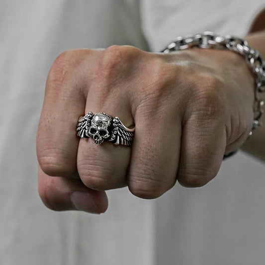 Retro Wings Skull Head Gothic Ring