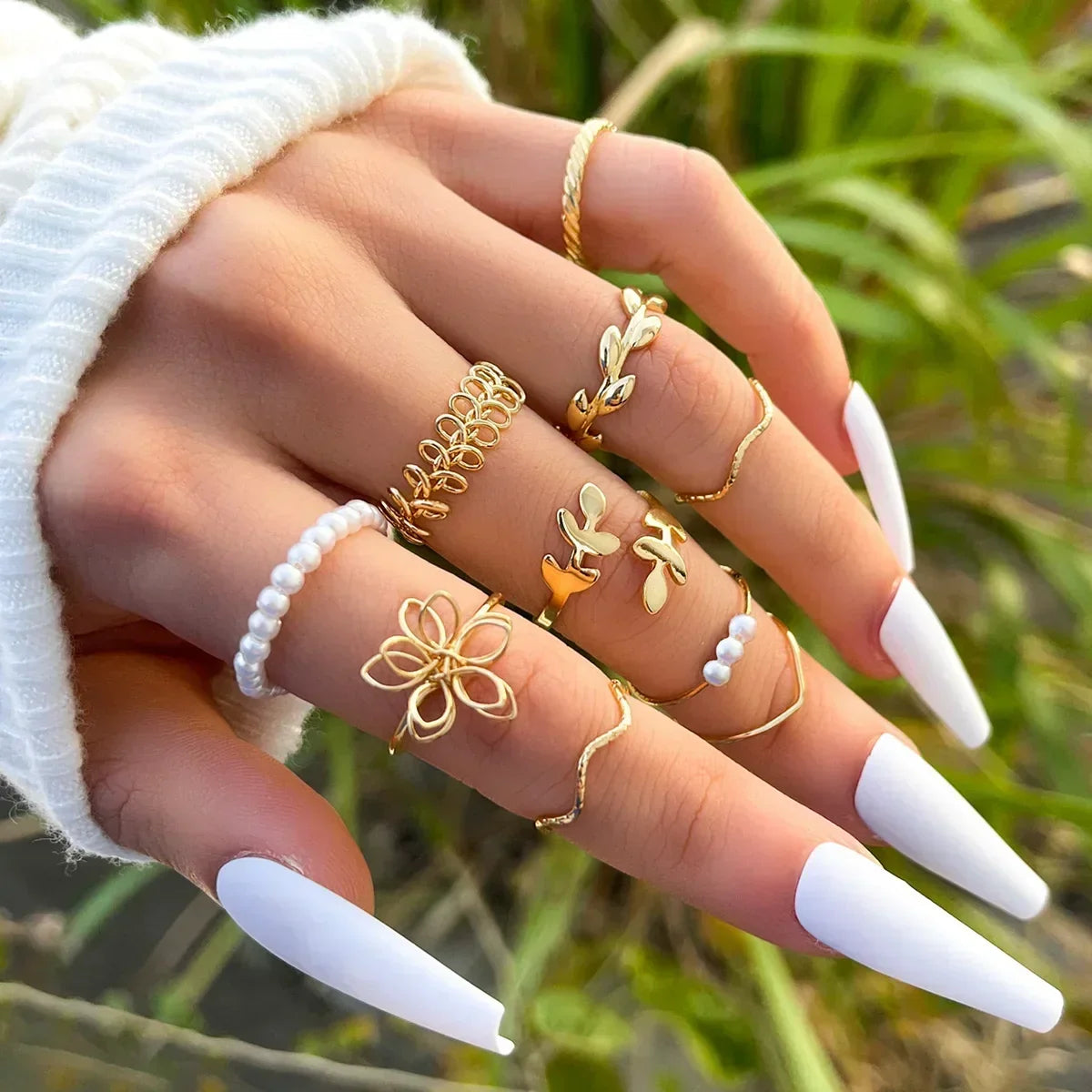 Boho Gold Heart Geometric Gothic Pearl Ring