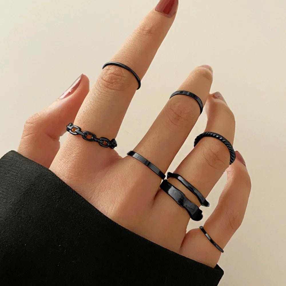 Fashion Women Gothic Punk Black Joint Rings Set