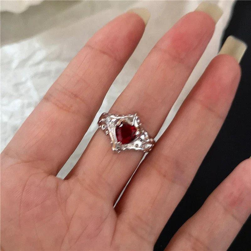 Goth Punk Red Crystal Heart Cross Ring