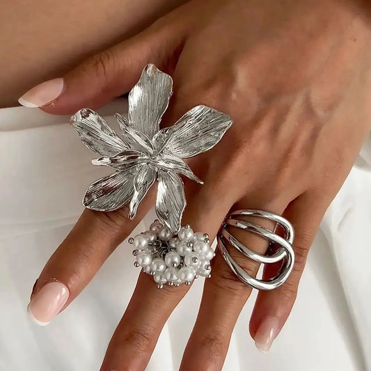 SHIXIN Vintage Silver Large Flower Gothic Ring