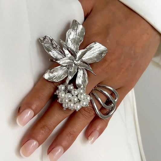 SHIXIN Vintage Silver Large Flower Gothic Ring