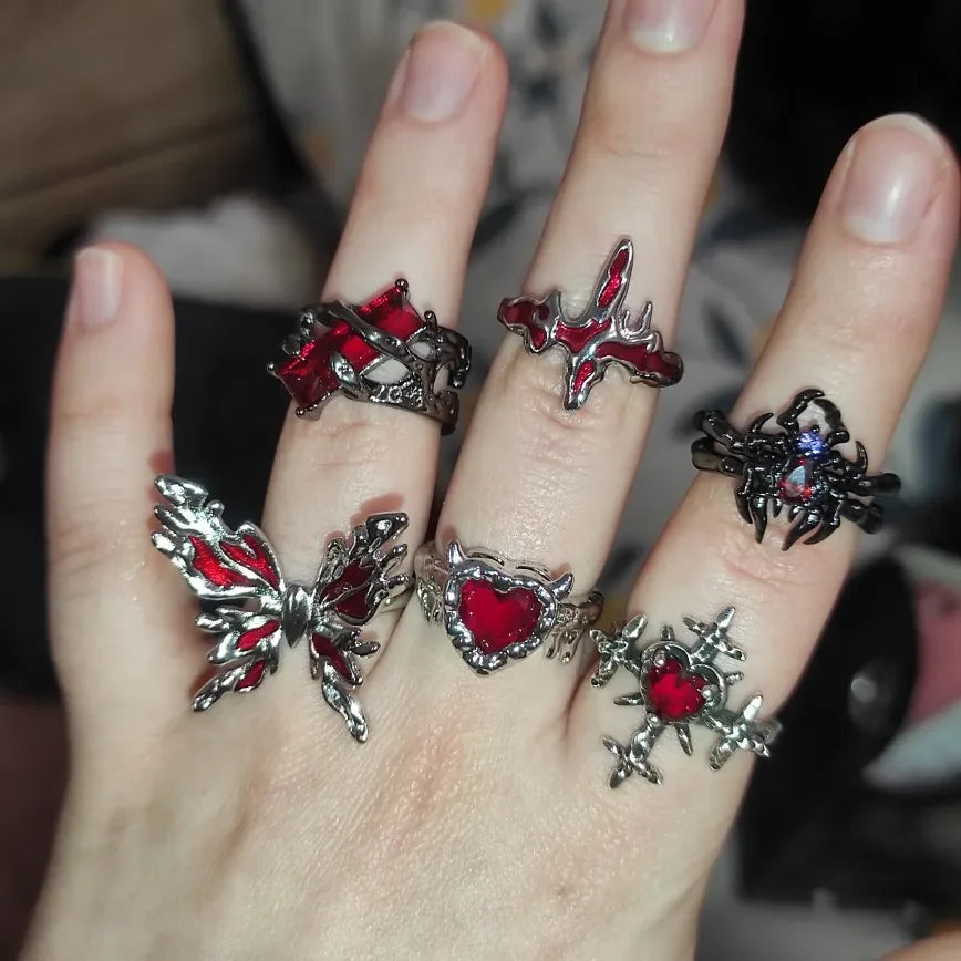 Goth Punk Red Crystal Heart Cross Ring